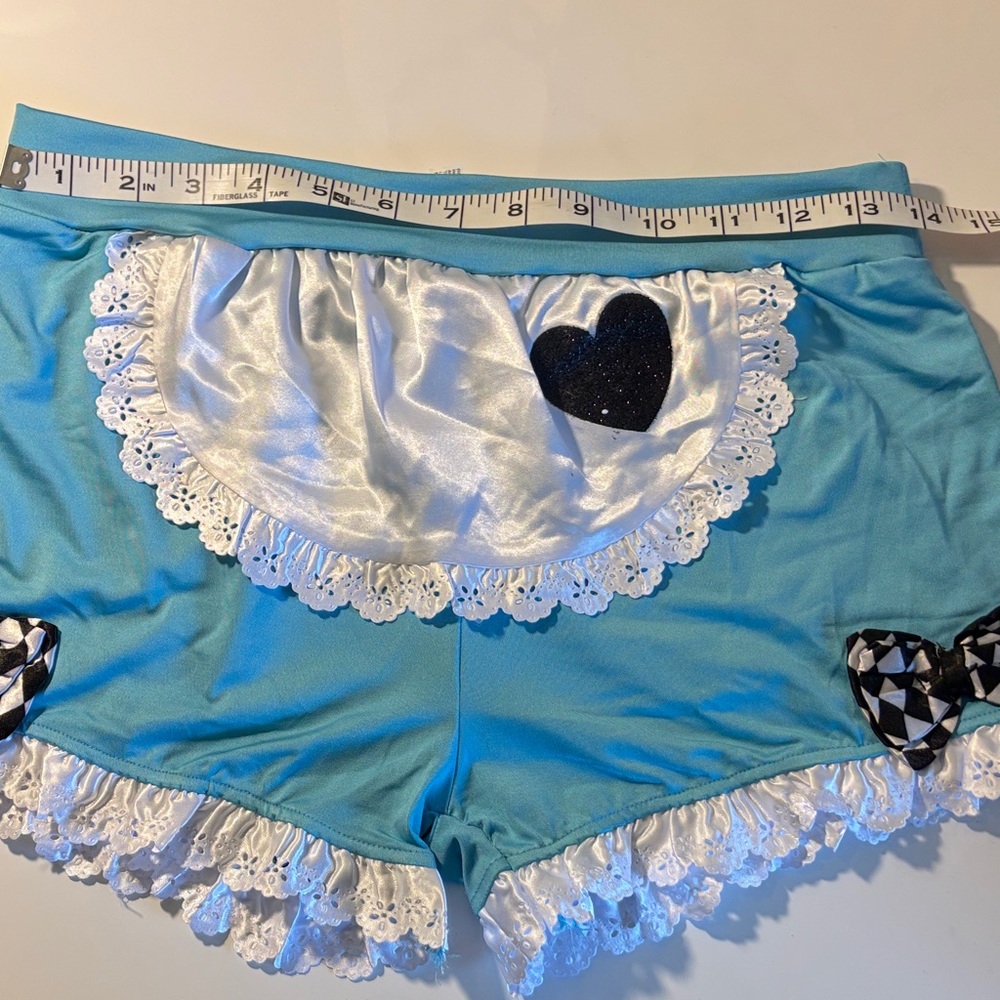 Women’s Blue Satin Ruffle Shorts with Heart Accents size Medium